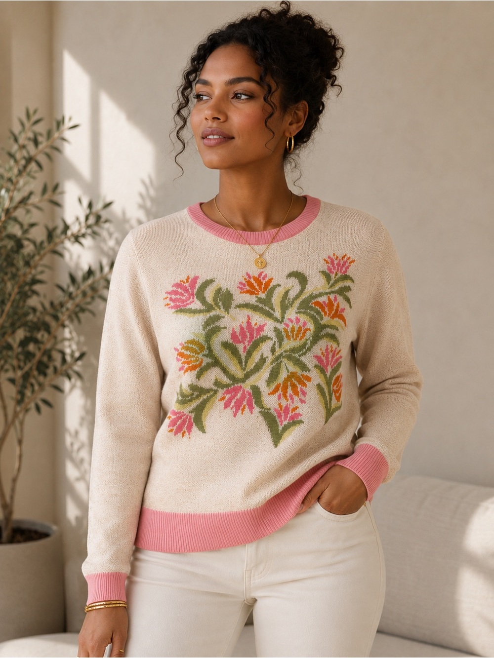 Puma Cream Floral Intarsia Crewneck Sweater with Pink Trim